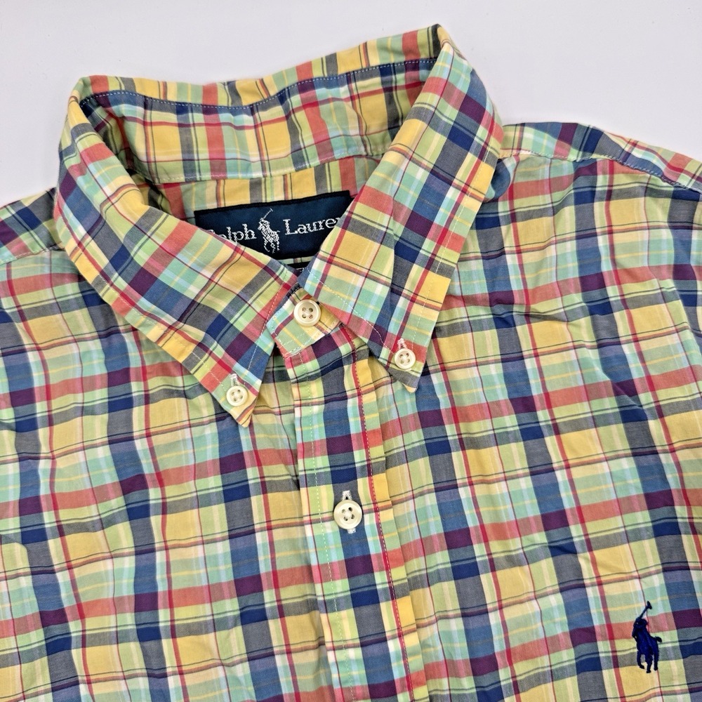 Ralph Lauren Shirt Mens Large Indian Madras Plaid Polo Short‎ Sleeve Button Down